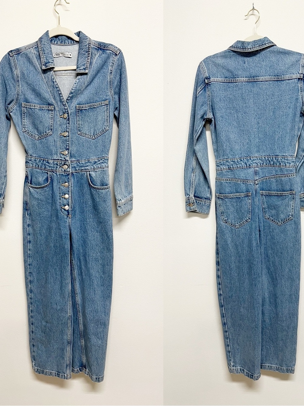 Zara Womens Medium Wash Denim Long Sleeve Denim Jumpsuit Size XS